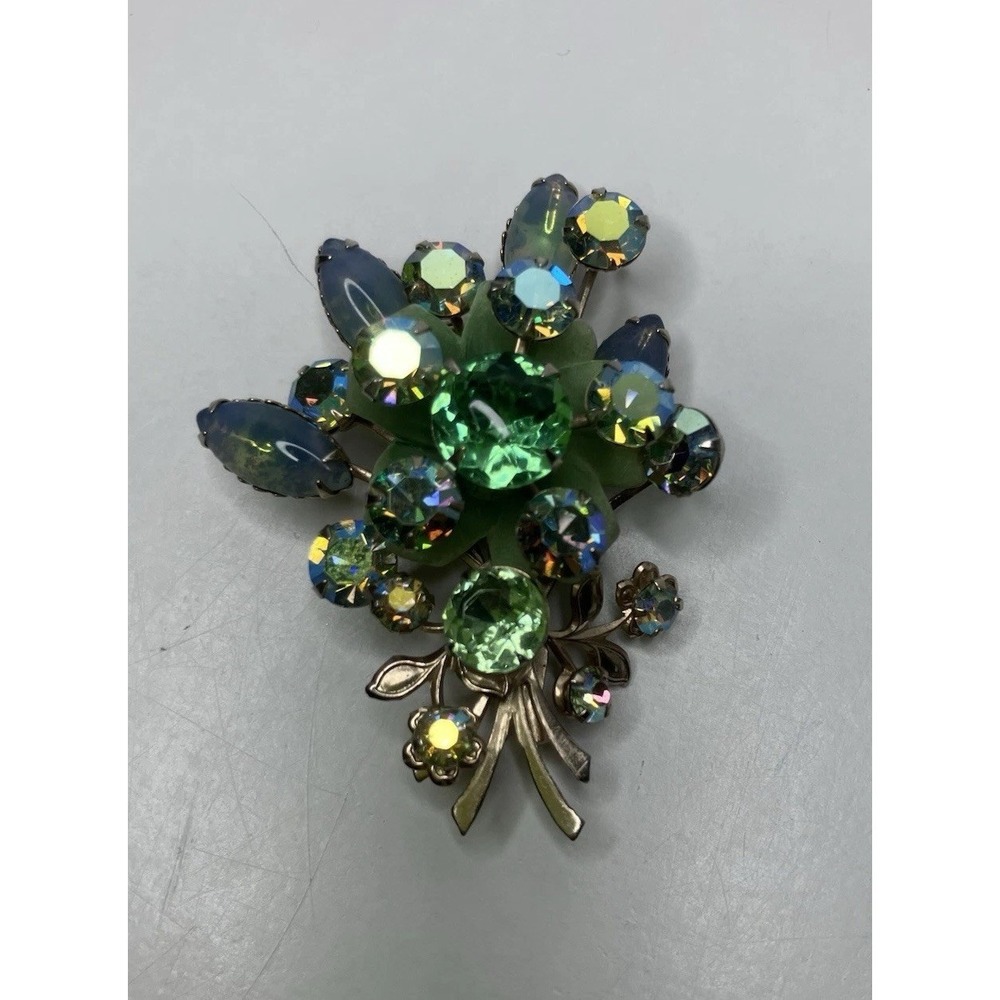 Vintage Green Aurora Borealis Rhinestone Brooch Gold 1950s 1960s